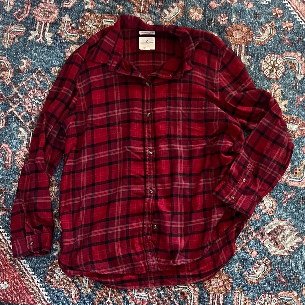 American Eagle Red Plaid Button Down